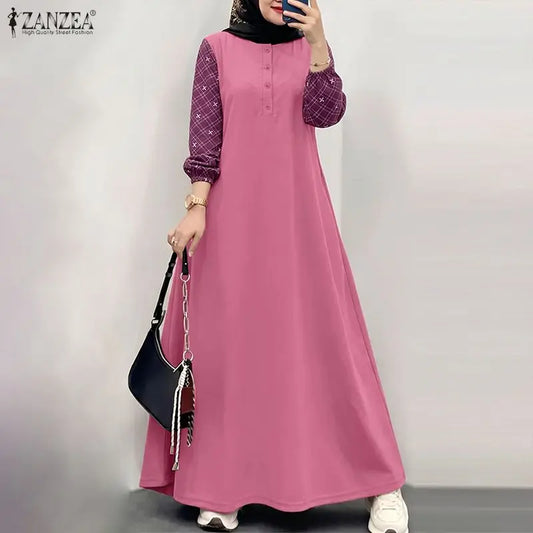 ZANZEA Women Patchwork Muslim Abaya Maxi Dresses Casual O Neck Long Sleeve Loose Ramadan Sundress Kaftan Hijab Dress Robe Femme