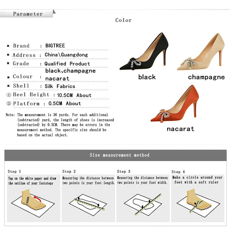 BIGTREE Shoes Bowknot Rhinestone Women Pumps Silks Satins High Heels Stiletto 10.5 Cm Luxury Banquet Shoes Women Large Size 43