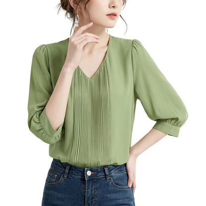 ZANZEA Elegant Plisse Detailing Blouses Women's Classy V-Neck 3/4 Puff Sleeve Solid Color Tops Summer Daily Wear Blusas de Mujer