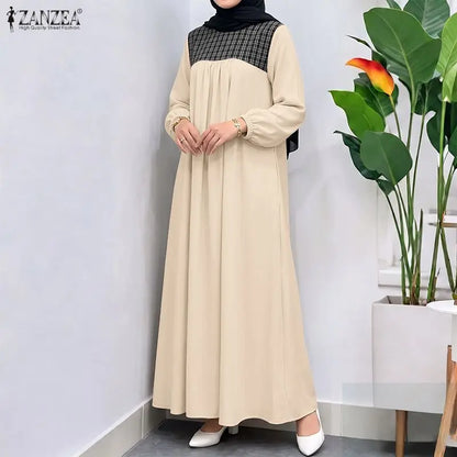 ZANZEA Elegant Muslim Abaya Dress Women Long Sleeve Plaid Patchwork Maxi Robe A-Line Loose Eid Modest Dresses Casual Kaftan 2026
