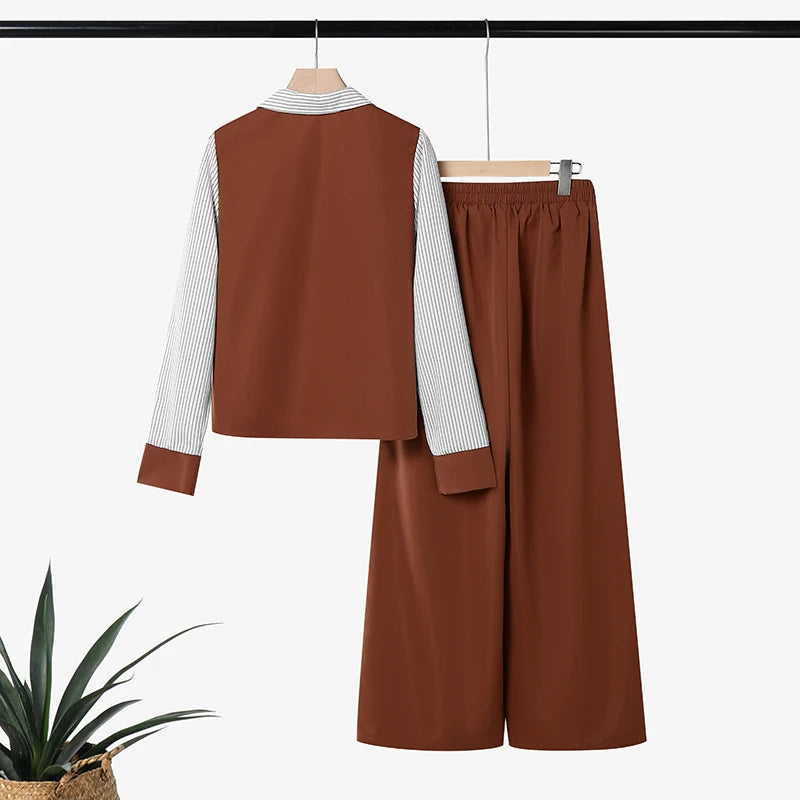 ZANZEA Autumn Stripe Patchwork Long Sleeve Blouse Wide Leg Pants Sets Women Muslim Two Piece Suit Elegant Modest Ramadan Outfits