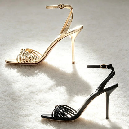 Gold Narrow Band Metal Detail Heeled Sandals Women Fashion Ankle Strap Buckle Stiletto Designer Shoe Elegant Open-toe Party Shoe
