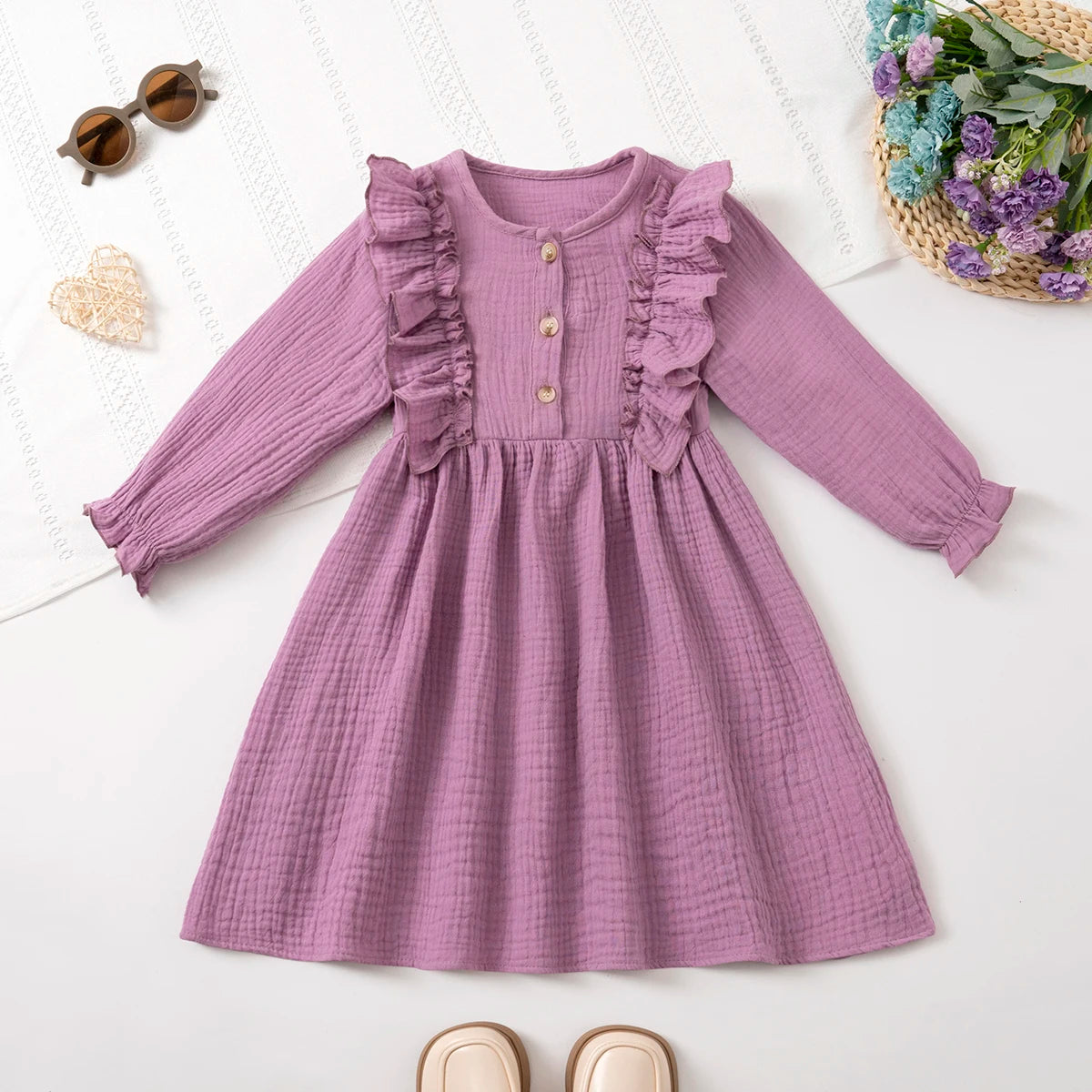 Girls' Long-Sleeve Dress Kids Cotton Skin-Friendly Breathable, Ruffled Shoulder & 3D Button Design, Soft For Party and Gift 3-8Y