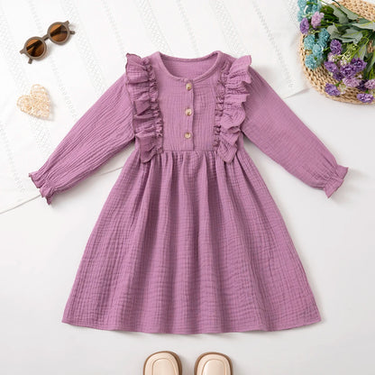 Girls' Long-Sleeve Dress Kids Cotton Skin-Friendly Breathable, Ruffled Shoulder & 3D Button Design, Soft For Party and Gift 3-8Y