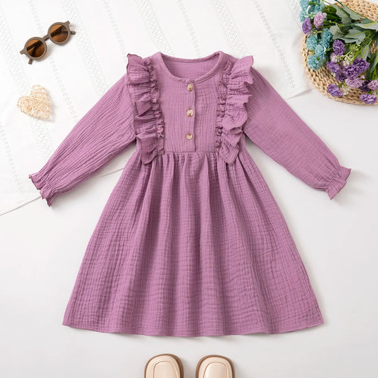 Girls' Long-Sleeve Dress Kids Cotton Skin-Friendly Breathable, Ruffled Shoulder & 3D Button Design, Soft For Party and Gift 3-8Y
