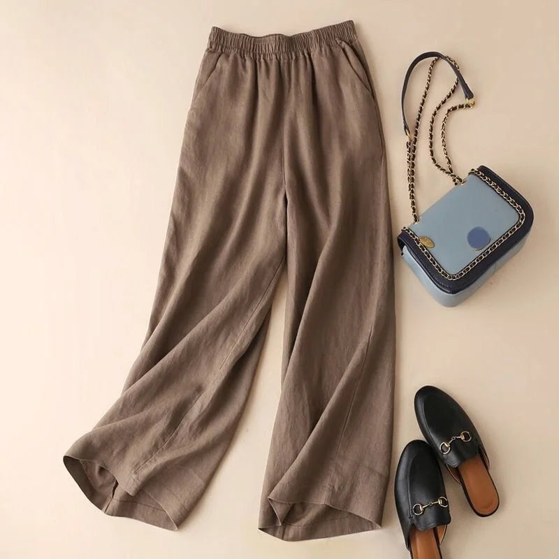 Women Cotton Linen Wide Leg Pants Female Summer Pants Full Length Casual Pants Fashion Solid Loose High Waist Straight Trousers