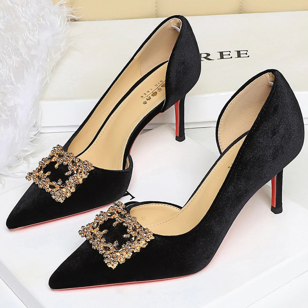 BIGTREE Shoes Rhinestone Women Pumps Metal Square Buckle High Heels Suede Side Empty Ladies Shoes Stiletto Heels 10 cm 7.5 cm
