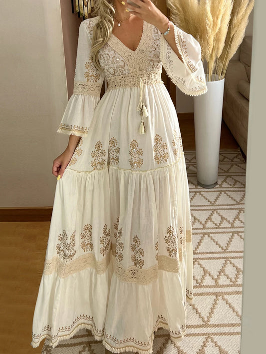 2026 Long Dress Women Summer Boho Floral Print V-Neck Dresses Female Beach Holiday Flowy Dress Ladies Elegant Vintage Vestidos