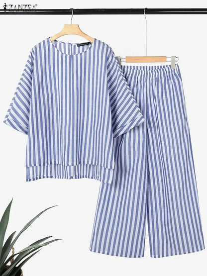 ZANZEA Stylish Autumn 2 Piece Sets Office Stripe Tracksuit Women Elegant 3/4 Sleeve Blouse Pant Sets 2025 Casual OL Work Outfits