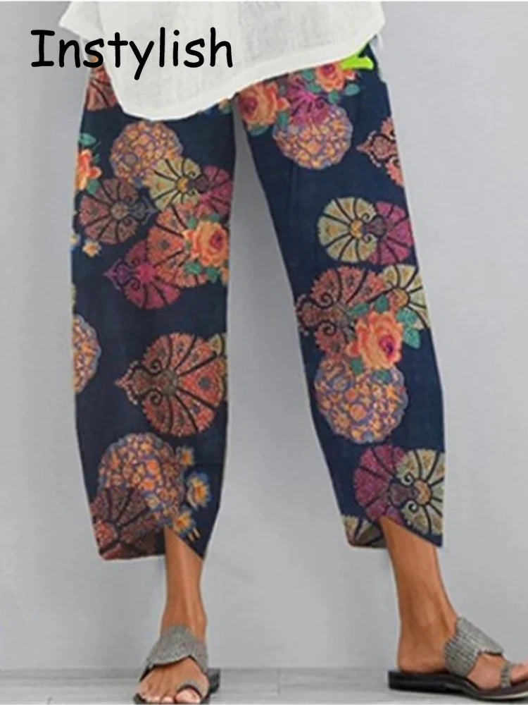 Vintage Cotton and Linen Loose Harem Pants Casual High Waist Wide Leg Trousers Women Harajuku Printed Baggy Pants Oversized