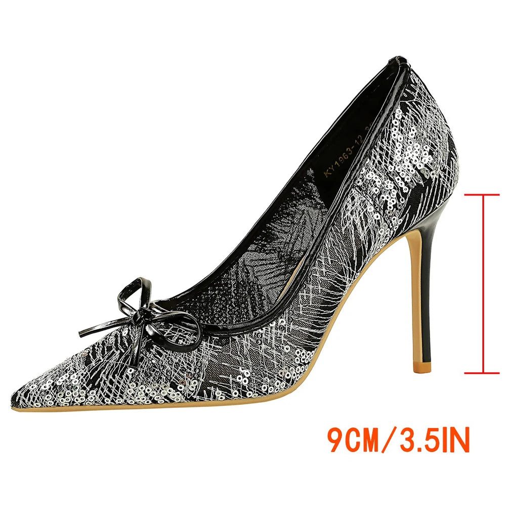 Sexy Lace Sequin Decoration Women Pumps Bowknot High Heels Pointed Tip Ladies Shoes Stiletto 9 cm Heels Women Sexy Party Shoes
