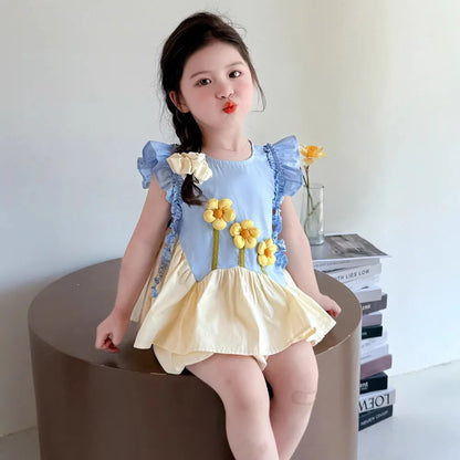 Summer New Flying Sleeve T-shirt Tops + Shorts Two Piece Set Casual 3D Flower Patchwork Girl Clothes Pleated Sweet Kids Wear
