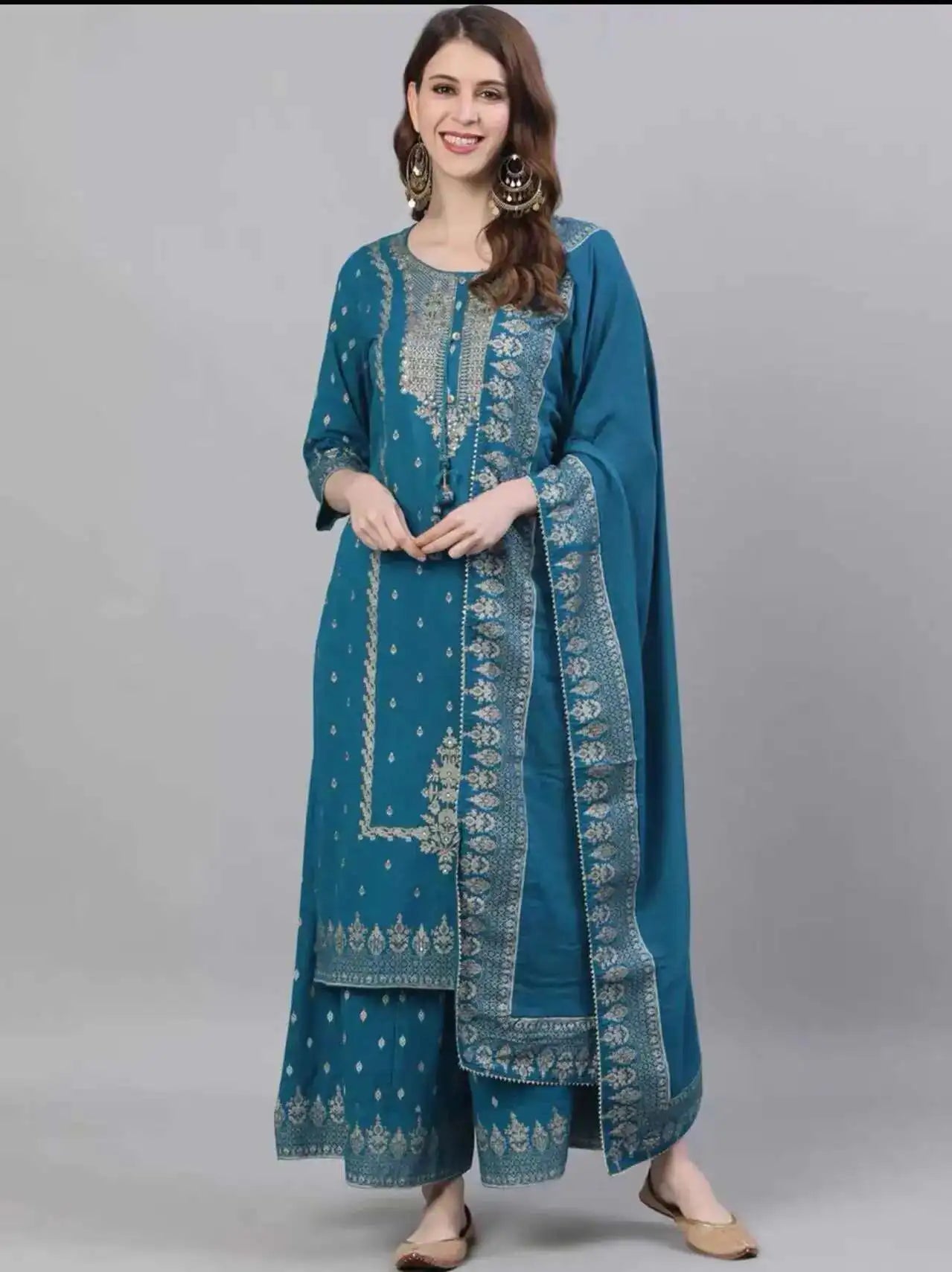Indian Apparel Women's Ethnic Set 2-Piece Cotton Printed Navy Blue Indian Traditional Dress Cotton Printed 3-piece Suit
