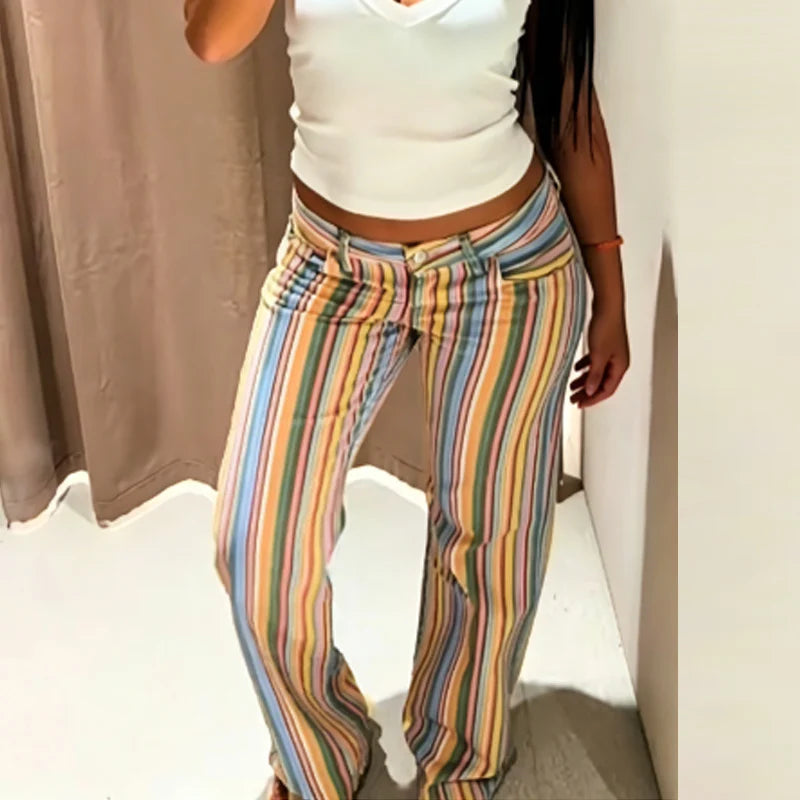 HXAO Rainbow Striped Jeans Women's Pants Spring 2026 Casual Straight Leg Mid-Waisted Trousers Fashion Streetwear Pants For Women