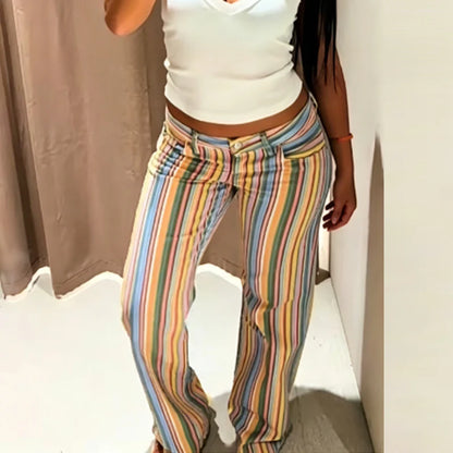 HXAO Rainbow Striped Jeans Women's Pants Spring 2026 Casual Straight Leg Mid-Waisted Trousers Fashion Streetwear Pants For Women