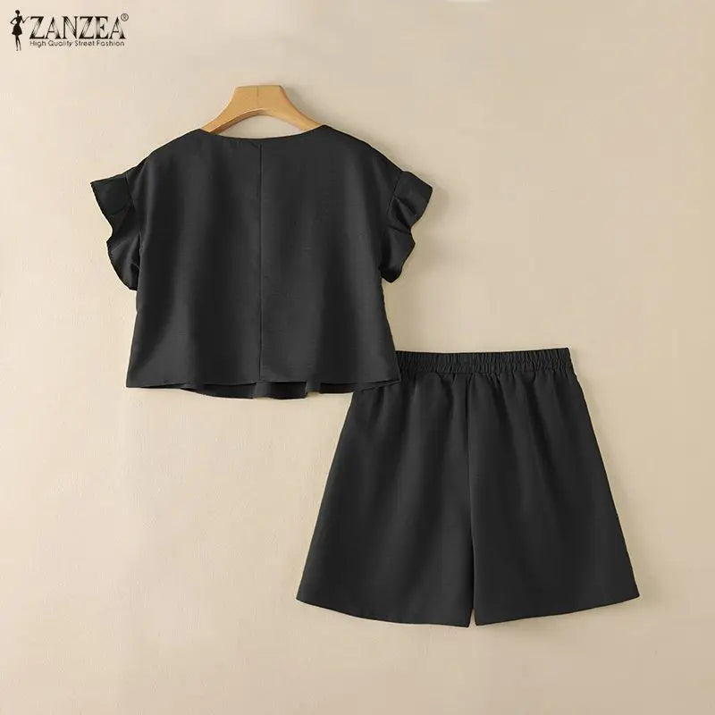 ZANZEA Korean Fashion Short Sets Women Square Neck Cropped Blouse & Elastic Waist Shorts 2 Piece Suits Summer Causal Outfits