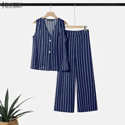 ZANZEA Summer Women Striped Matching Sets Sleeveless Vest Top & Wide Leg Pant 2 Piece Suits Office Commute Pant Sets Outfits