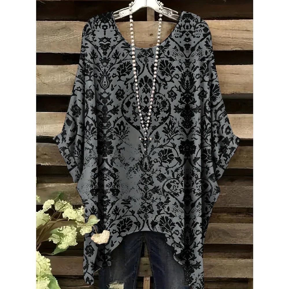 Bohemian Floral Tunic Plus Size Women's Bohemian Floral Print Tunic T-Shirt Short Sleeve Round Neck Casual Top Vibrant 2025