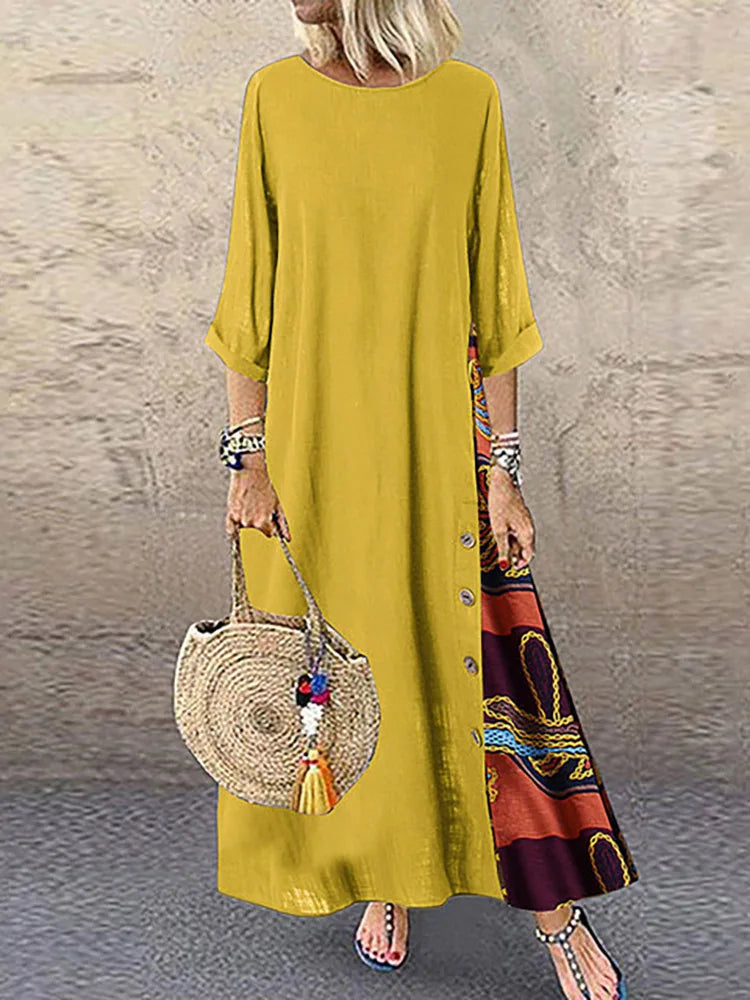 Women Vintage Harajuku Long Dress Bohemian Stitching Print 3/4 Sleeve O Neck Loose Oversized Maxi Dress Casual Elegant Robe