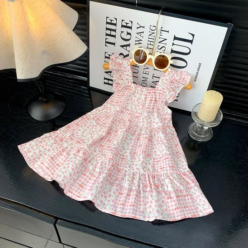 2026 Summer Girls Flutter Sleeve Dress Kids Printed Tiered Princess Dresses for 1-12Y Children Vacation Clothes