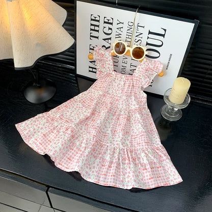 2026 Summer Girls Flutter Sleeve Dress Kids Printed Tiered Princess Dresses for 1-12Y Children Vacation Clothes