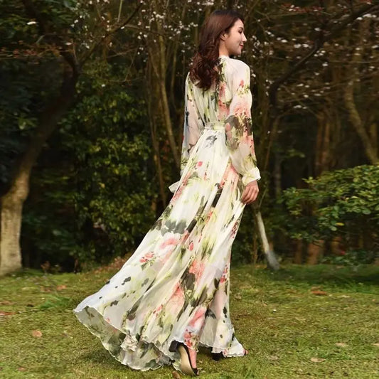 Spring Summer New Floral Printed Light Luxurious Elegant Retro Front Long Sleeve Long High-End High Street Chiffon Dress TS965