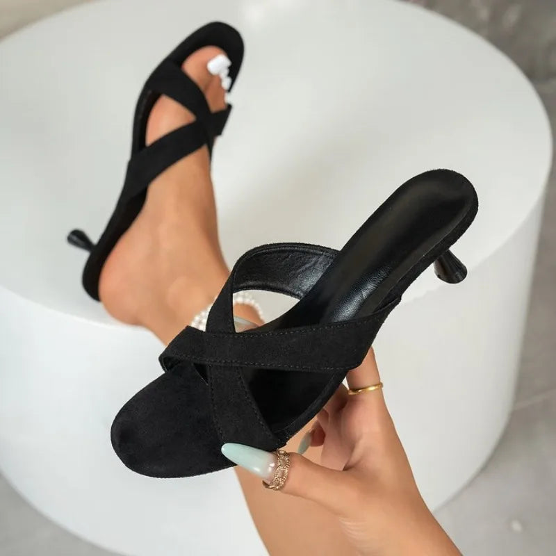 Women's Mules Open Toe Kitten Heel Sandals Suede Look Criss Cross Straps Slip-On Minimalist Casual Dress Shoes Daily Footwear