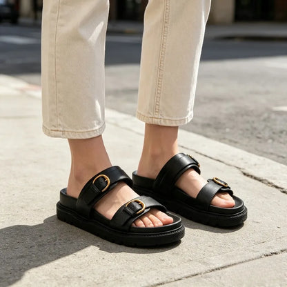 Fashion Open Toe Buckle Platform Sandal Round Toe Narrow Band Flat Sandals Women Summer Non-slip Comfortable Vacation Beach Shoe