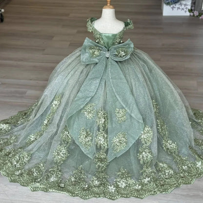 Green Flower Girl Dresses For Wedding Lace Appliques Floor Length Girl Birthday Party Gowns First Communion Gowns Customized