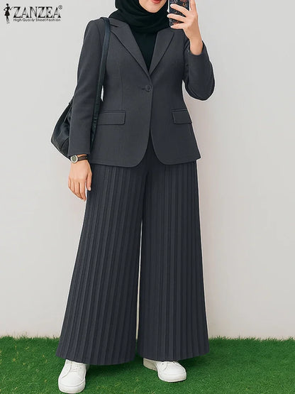 ZANZEA Autumn Office Outfits Women 2 Piece Sets Elegant Long Sleeve Blazer Wide Leg Pleated Trousers Suit Muslim Tracksuits 2025