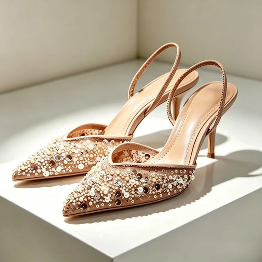 Luxury Designer Bling String Bead Mesh High Heels Women Sexy Pointy Toe Breathable Heeled Sandals Elegant Slingbacks Women Pumps