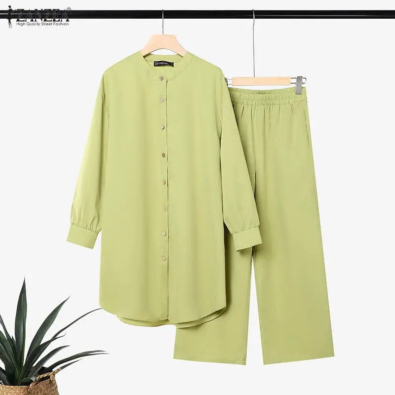 ZANZEA Women Pants Sets Two-piece Outfits Long Sleeve Stand Collar Blouse Wide Leg Pants Vintage Casual Matching Sets Steetwear