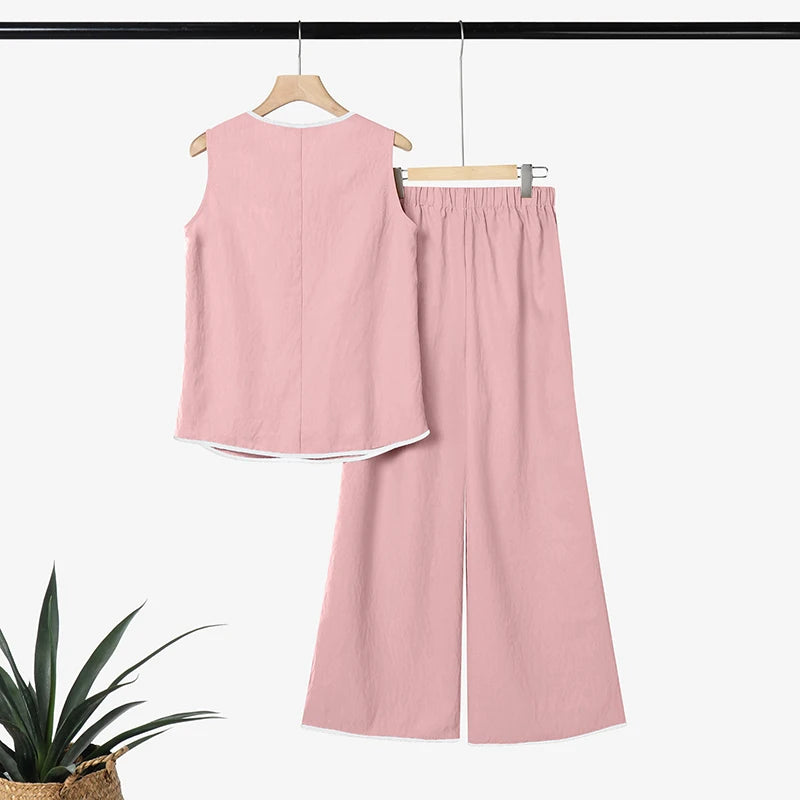 ZANZEA Stylish Sleeveless Tanks Tops Pant Sets 2026 Women Summer Patchwork Tracksuit 2 Pieces Sets Casual Loose Work Outfits