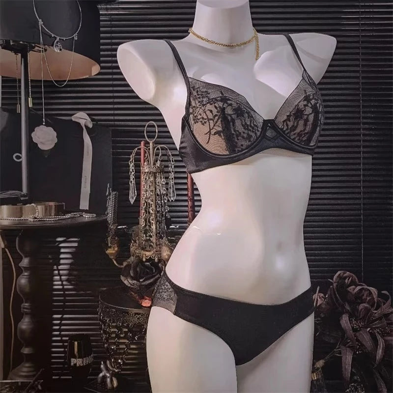 Women French Lace T-Shirt Bra Set Wirefree Lift Support Gathering Anti-Sagging Large Cup Slimming Breathable Daily Intimates Set