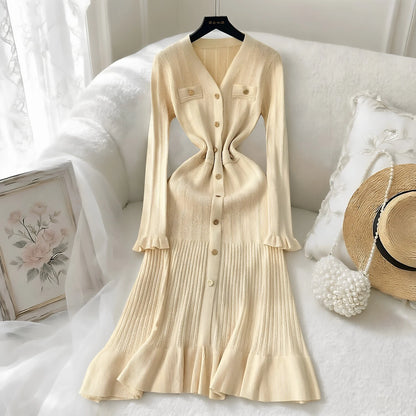 YuooMuoo Brand Fashion Vintage Knitted Long Dress Spring Summer Women Elegant V-neck Ruffled Bodycon Sweater Dress Party Vestido