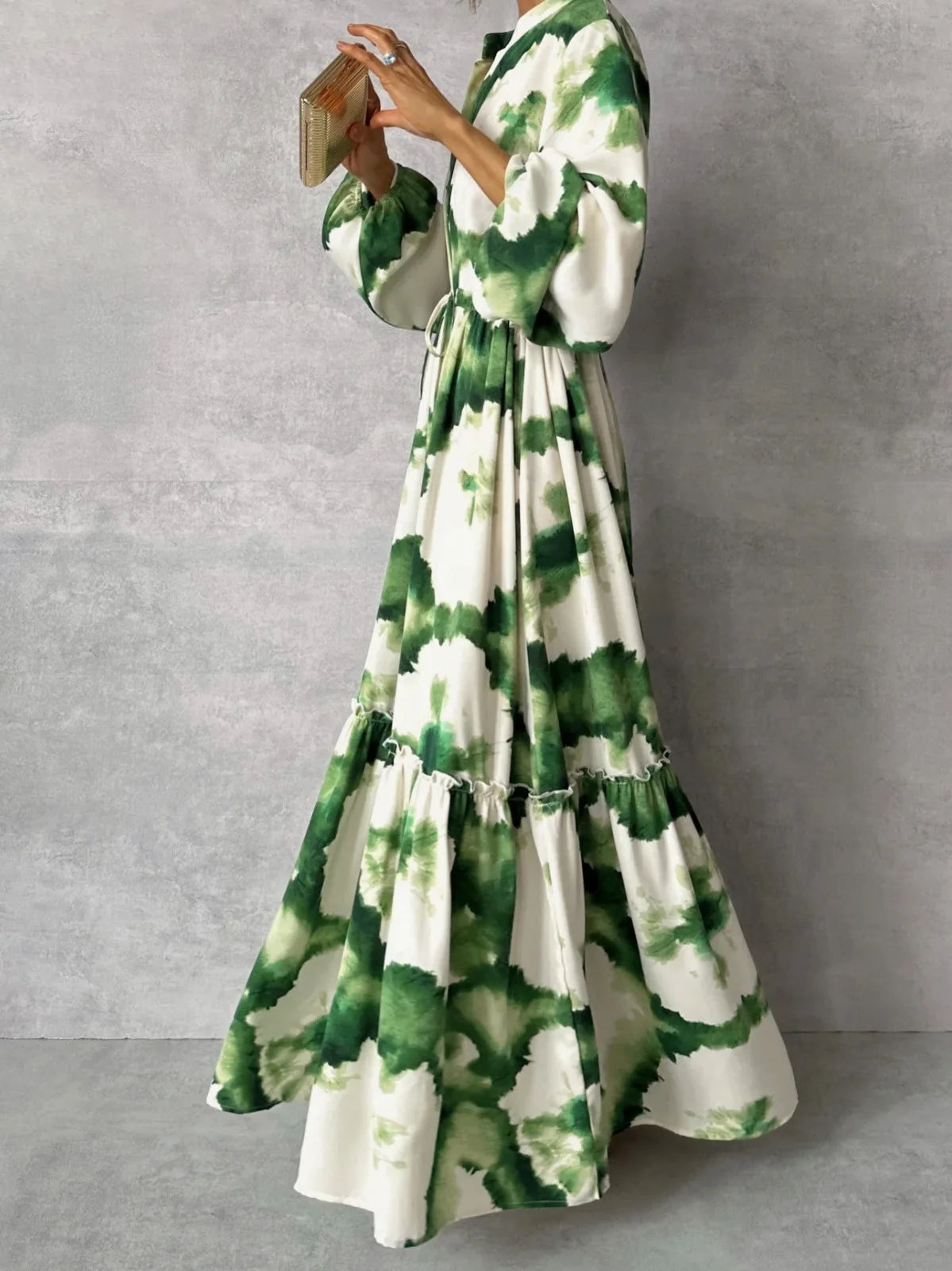 2024 Summer Elegant Women Maxi Dresses Fashion Green Print Long Sleeve V Neck Waist Adjustment Long Dress Female Party Vestido