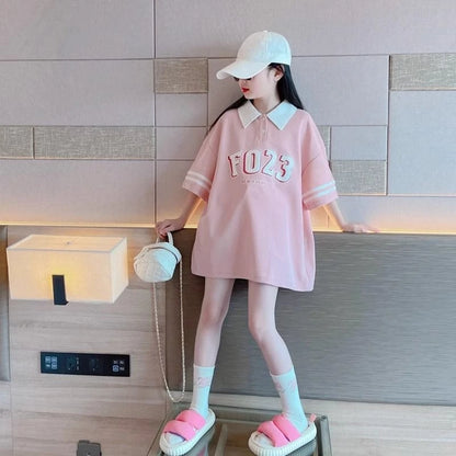 2026 Girls Summer Short Sleeve Polo Style Shirt Loose Fit Cotton Casual Top for Big Kids Trendy Cute Fashion Tee New Arrival