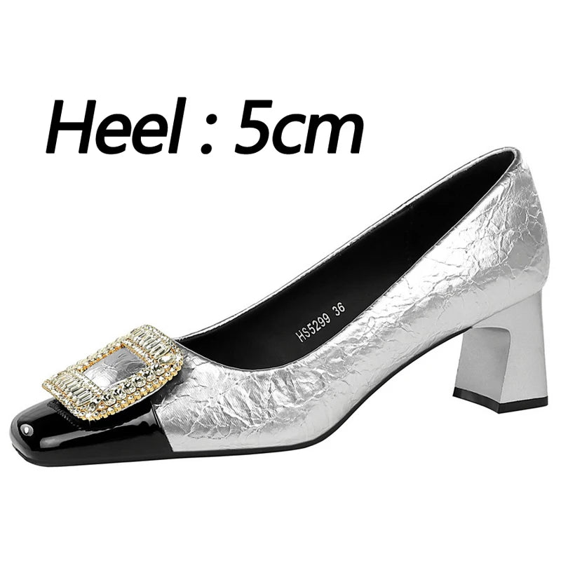 BIGTREE Fashion Metal Crystal Splice Women Pumps Kitten Heels Luxury Thick Heel Elegant Party Ladies Shoes Zapatos De Mujer
