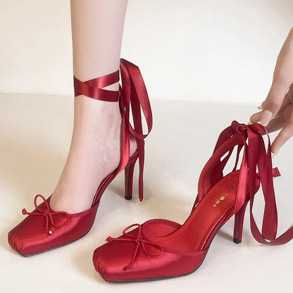 BIGTREE Shoes Square Toe High Heels Silks Satins Women Pumps Stiletto 9 cm Heels Bowknot Strap High-Heeled Sandals Women Summer