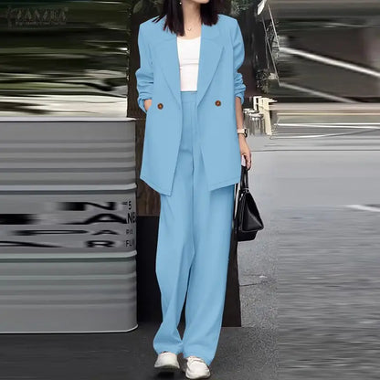 ZANZEA Women's Elegant Pant Suits Office Wear Long Sleeve Blazer and Wide Leg Pants 2 Piece Sets Woman Casual Lightweight Outfit