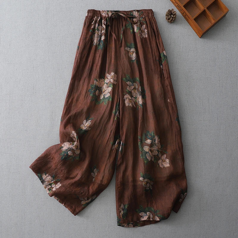 High Waist Large Size Casual Pants Floral Print Linen Wide Leg Pants Artistic Versatile National Style Casual Comfortable Summer