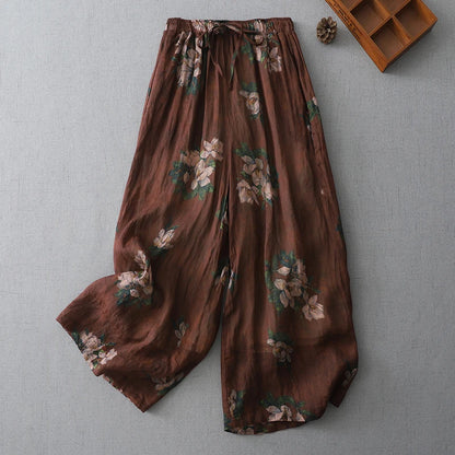 High Waist Large Size Casual Pants Floral Print Linen Wide Leg Pants Artistic Versatile National Style Casual Comfortable Summer