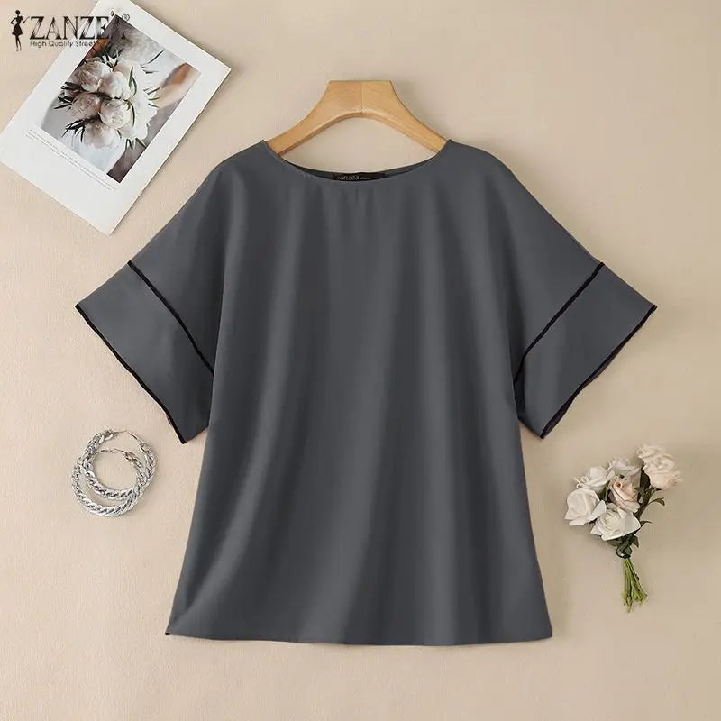 ZANZEA Women's Casual Loose Boatneck Blouses Short Sleeve Contrast-Trim Solid Color Tops Minimalist Fashion Blusas de Mujer
