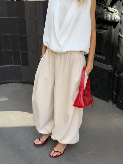 2026 Autumn Womens 100% Cotton Loose Lantern Style Wide Leg Pants Street Style Casual Lazy Pants Fashion Trousers Black