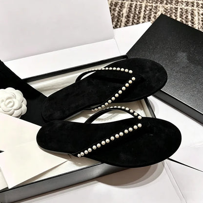 Fashion White String Bead Detail Flip Flops Women Light Comfortable Flat Sandals for Ladies Sexy Cross Strap Summer Beach Shoes