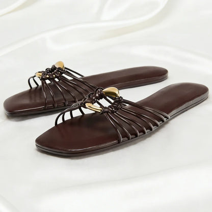 Brown Narrow-Strap Woven Design Flat Slippers Women Summer 2026 Light Comfortable Sandals for Wome Metal Decorations Beach Shoes