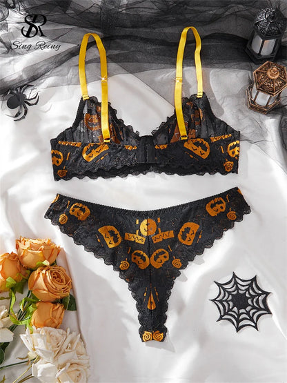 SINGREINY Halloween Sexy Lingerie Sets Print Gauze Sheath Sheer Backless Bra Sets Female Fashion Cosplay Erotic Underwear Suit
