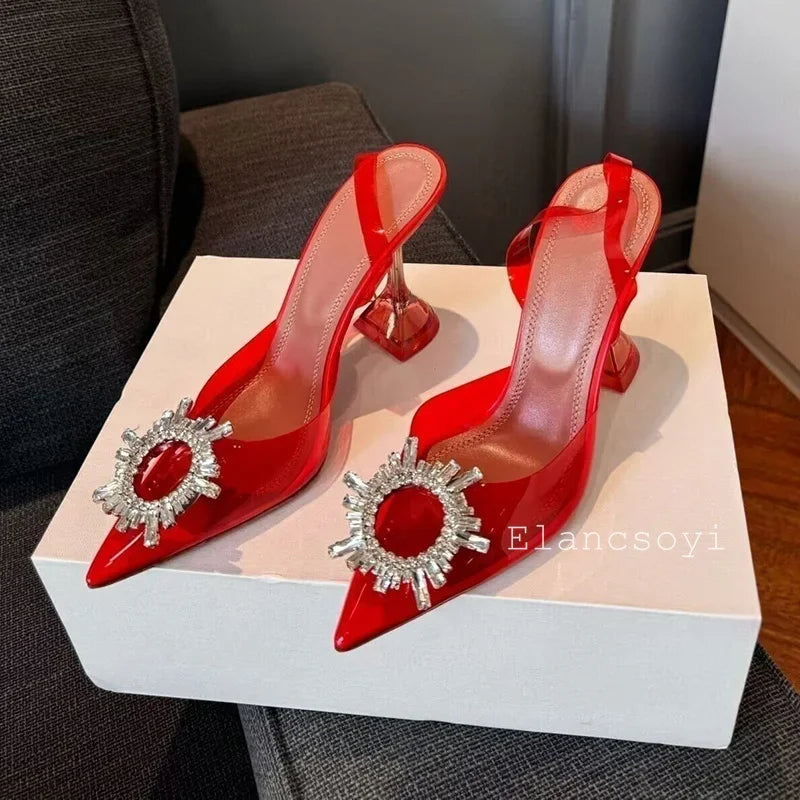 Summer Crystal Flower High Heels Women Transparent PVC Cup Heels Sandals Pointed Toe Back Strap Sandalias Sexy Party Dress Shoes