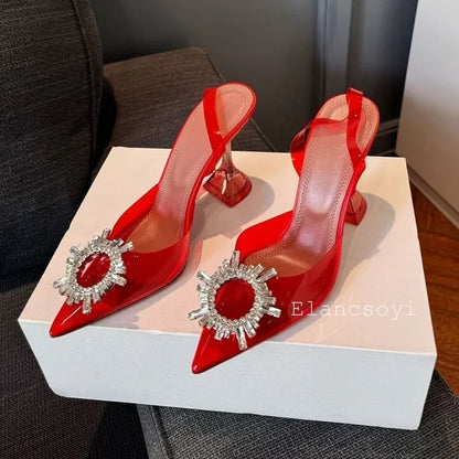 Summer Crystal Flower High Heels Women Transparent PVC Cup Heels Sandals Pointed Toe Back Strap Sandalias Sexy Party Dress Shoes