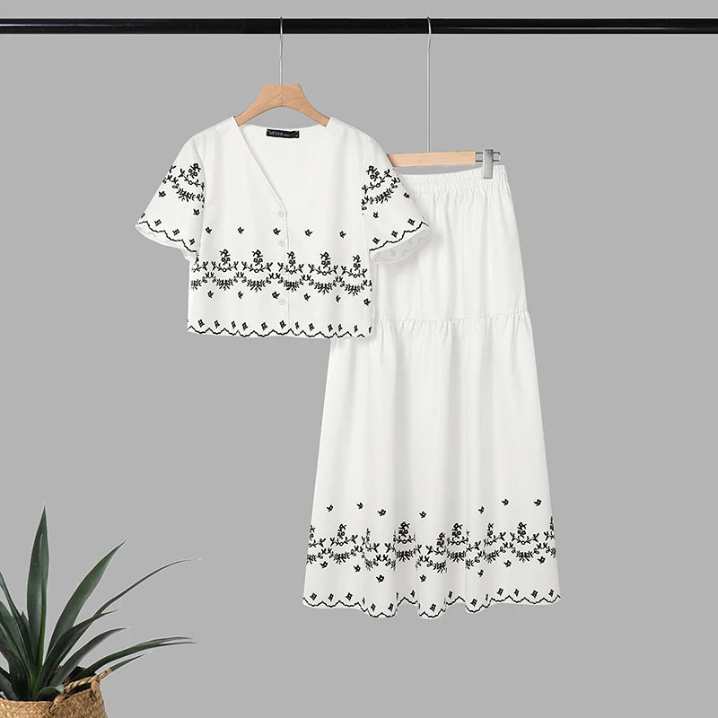 ZANZEA Bohemian 2 Piece Skirts Suits Women Summer Short Sleeve Cropped Shirt & A-Line Maxi Skirt Matching Sets Vacation Outfits